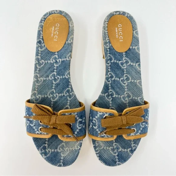 Gucci Vintage 90s Y2K Interlocking GG Logo Sandals Slides Heels Denim Blue 38 8 - Picture 2 of 11